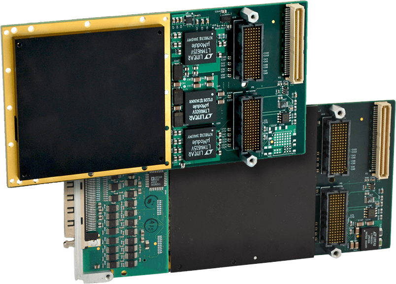 Acromag FPGA XMCs shown with and without plug-in AXM I/O extension modules.