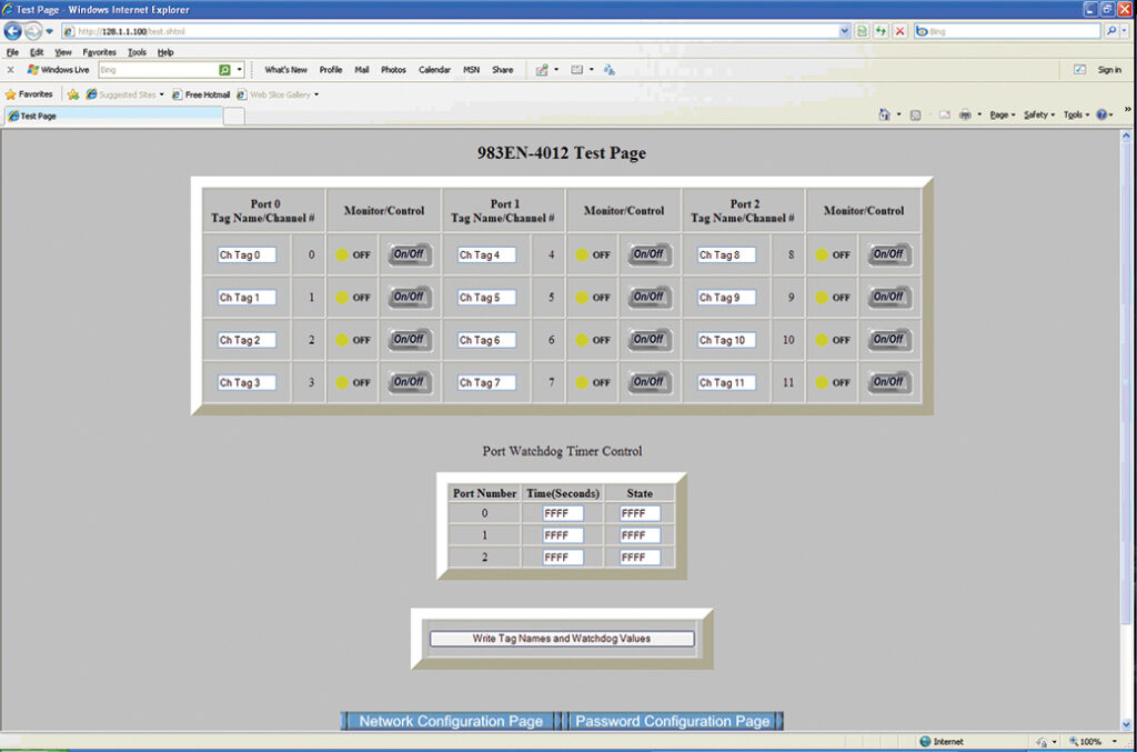 A test page is also accessible with your web browser to confirm proper operation of the I/O module.